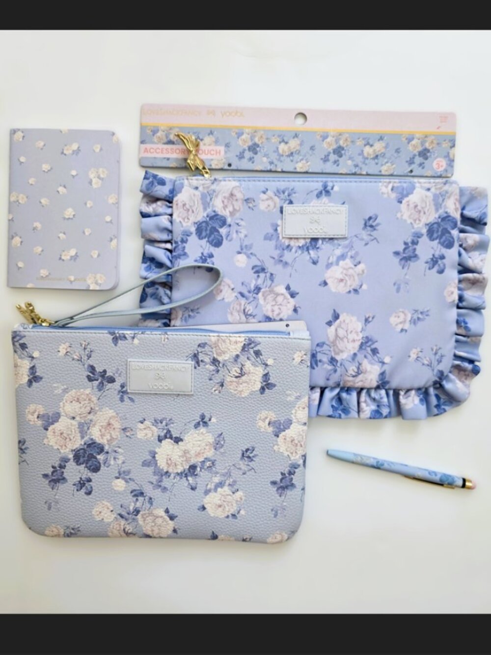 LoveShackFancy x Target Yoobi blue pencil case strap ruffles purple happy